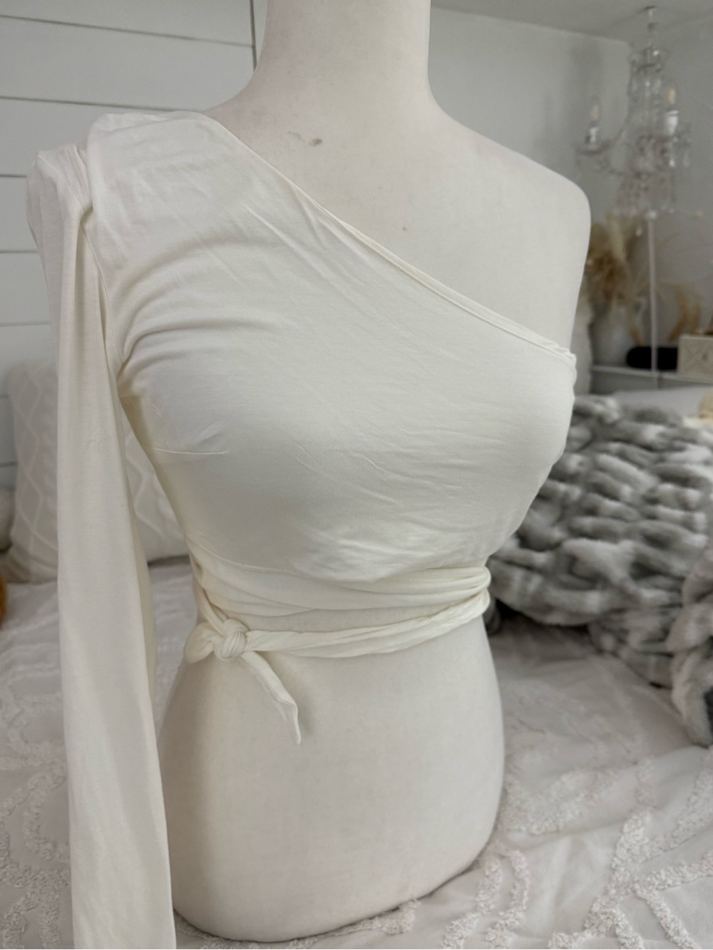 Lovers + Friends One-Shoulder Cream Wrap Top